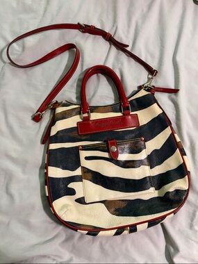 Dooney & Bourke Black and Cream Zebra Print Shoulder Bag with Red Trim